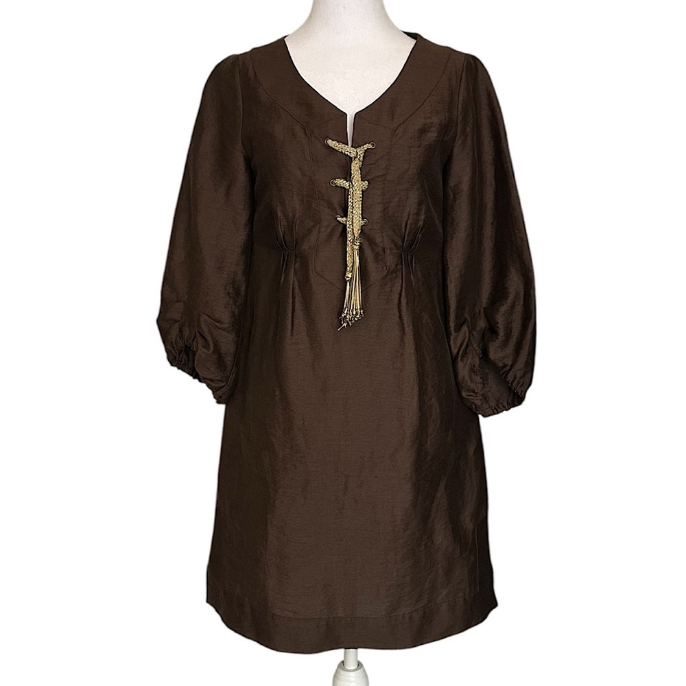 Diane von Furstenberg DVF Women’s Mini Dress Brown Linen Blend Laced Neck Size 4